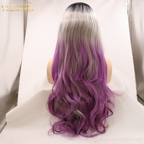 Three Tone Color 26 Inch Long Water Wavy Ombre Silver Purple Lace Front Women Curly Hair Full Wig Fibre Synthetic Cheap Price